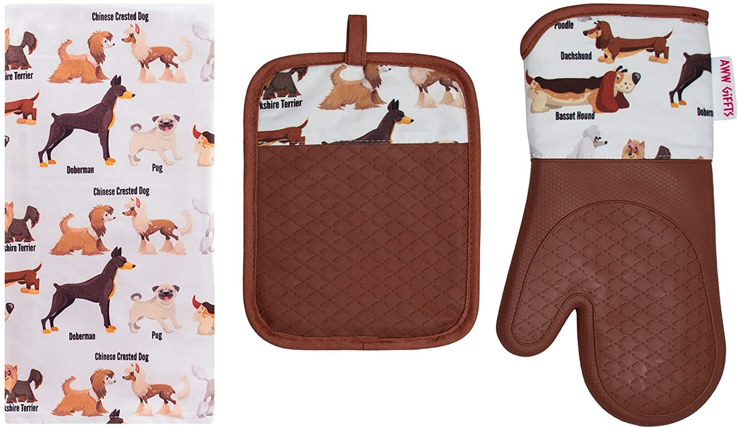 AWW GIFFTS Happy World of Dogs, Puppies Multi-Use Kitchen Tea Towel 100% Cotton Twill Dog Lover Pattern with Hanging Loop