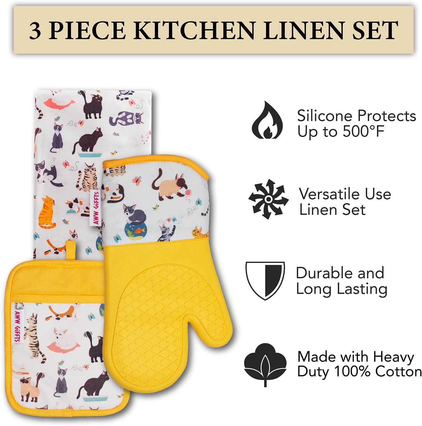 AWW GIFFTS Frisky Cats Eco-Friendly Ultra-Flex Kitchen 2-PC Oven Gloves/Mitt and Pot Holder Set | Cotton Twill/Silicone Cat Lover Pattern with Hanging Loop