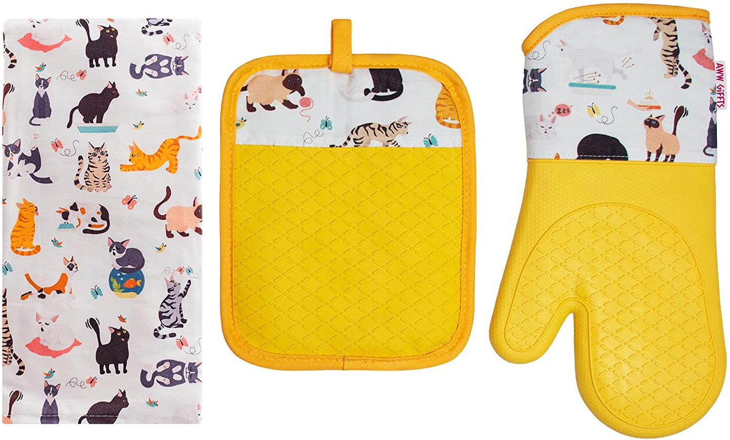 AWW GIFFTS Frisky Cats Eco-Friendly Ultra-Flex Kitchen 2-PC Oven Gloves/Mitt and Pot Holder Set | Cotton Twill/Silicone Cat Lover Pattern with Hanging Loop