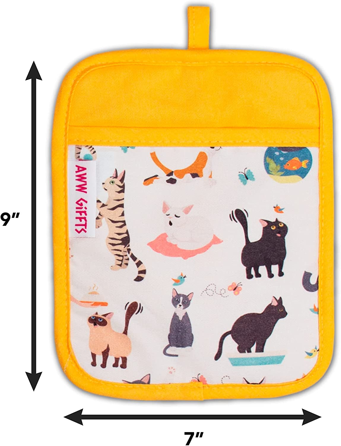 AWW GIFFTS Frisky Cats Eco-Friendly Ultra-Flex Kitchen 2-PC Oven Gloves/Mitt and Pot Holder Set | Cotton Twill/Silicone Cat Lover Pattern with Hanging Loop