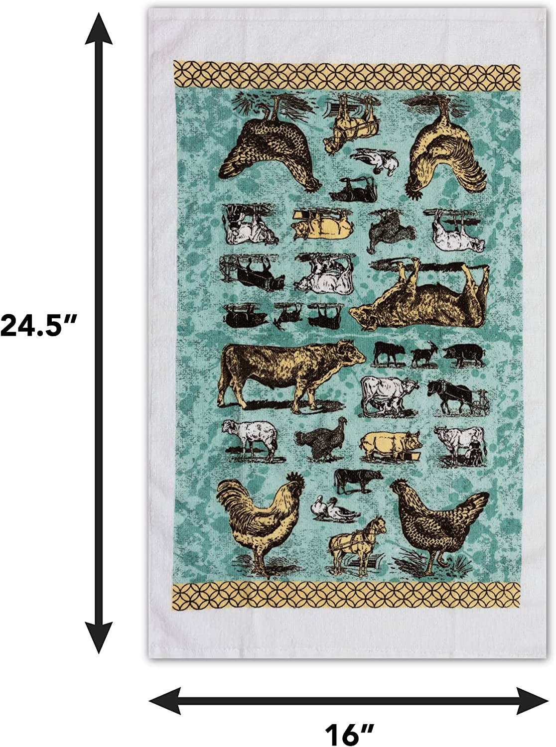 Oven Mitt and Potholder Kitchen Set | 3 Piece Vintage Farm Animals Kitchen Accessory | Hands Protection Waterproof Oven Glove, Potholder and Tea Towel