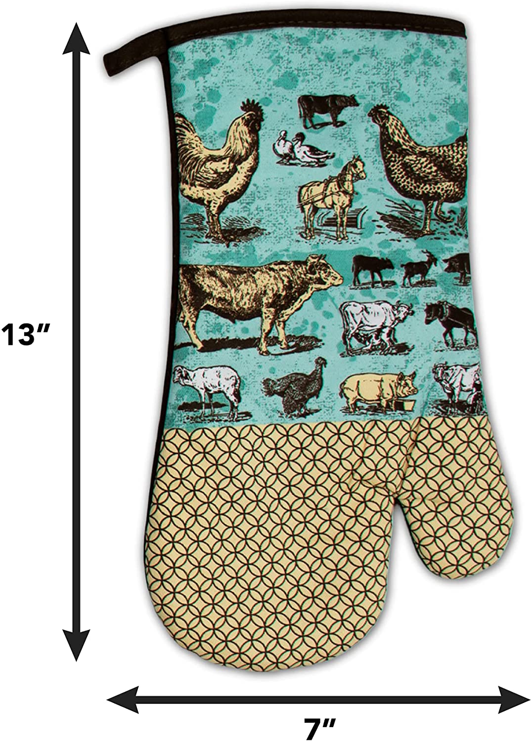 Oven Mitt and Potholder Kitchen Set | 3 Piece Vintage Farm Animals Kitchen Accessory | Hands Protection Waterproof Oven Glove, Potholder and Tea Towel
