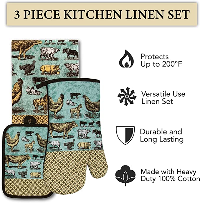 Oven Mitt and Potholder Kitchen Set | 3 Piece Vintage Farm Animals Kitchen Accessory | Hands Protection Waterproof Oven Glove, Potholder and Tea Towel