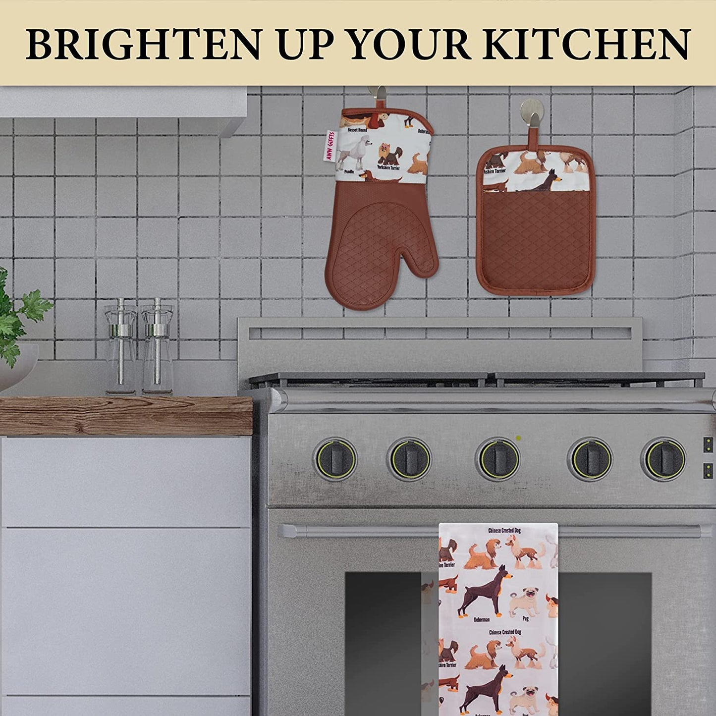 AWW GIFFTS Happy World of Dogs, Puppies Multi-Use Kitchen Tea Towel 100% Cotton Twill Dog Lover Pattern with Hanging Loop