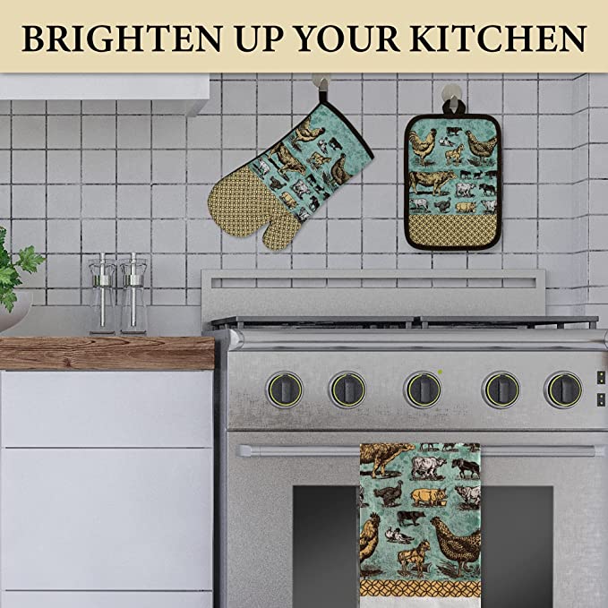 Oven Mitt and Potholder Kitchen Set | 3 Piece Vintage Farm Animals Kitchen Accessory | Hands Protection Waterproof Oven Glove, Potholder and Tea Towel