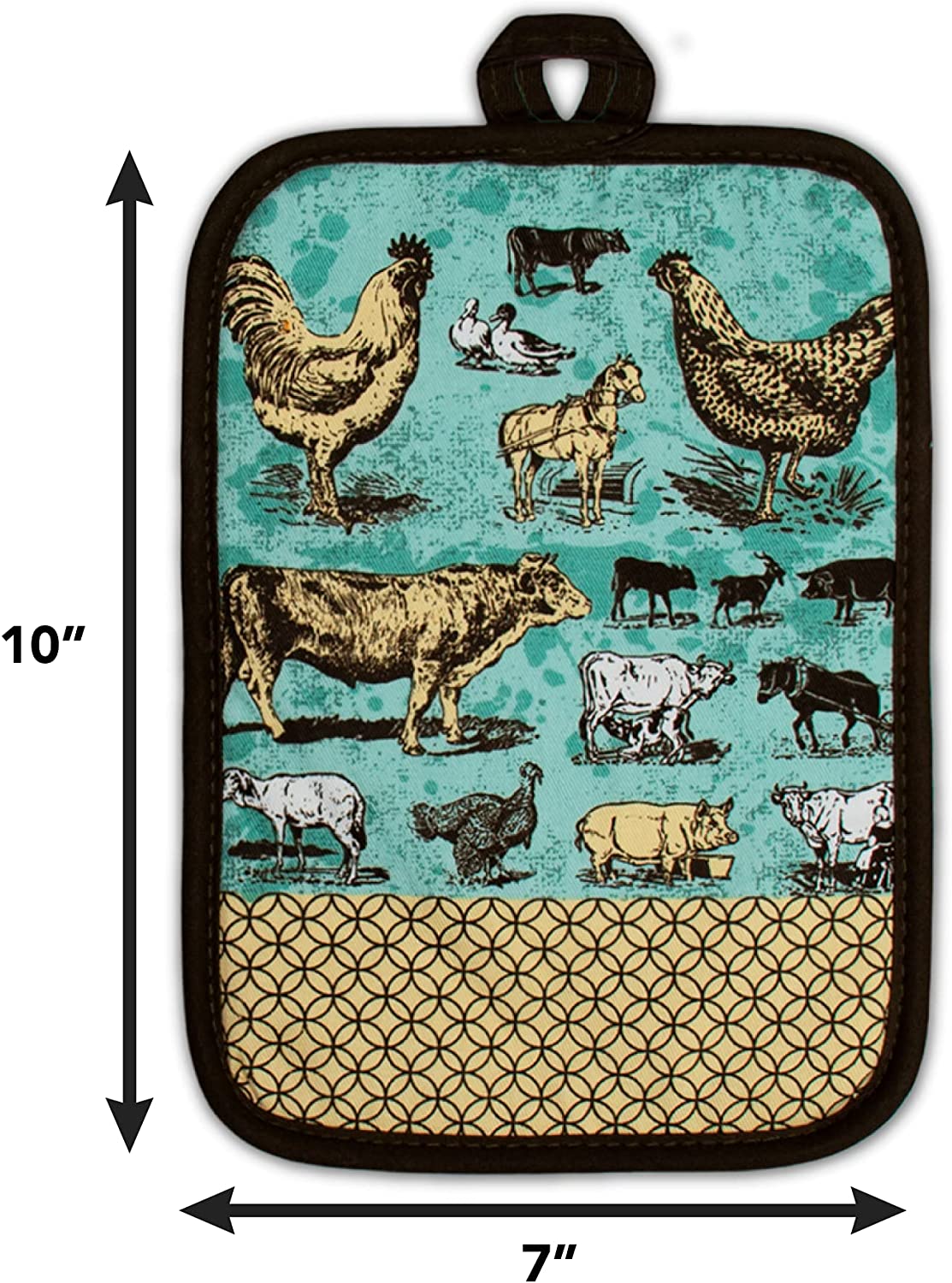 Oven Mitt and Potholder Kitchen Set | 3 Piece Vintage Farm Animals Kitchen Accessory | Hands Protection Waterproof Oven Glove, Potholder and Tea Towel