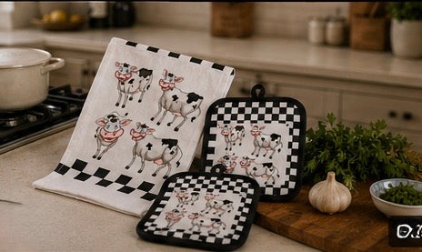 Laughing Cows Farmhouse Kitchen Gift Set - Oven Mitt, Pot Holder & Terry Towel