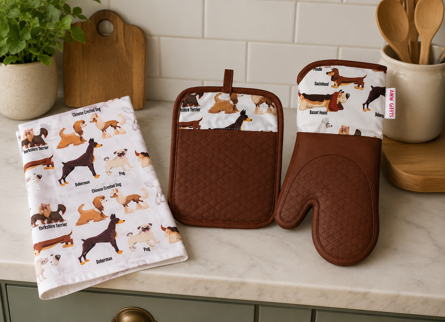 Brown Nose Dog Breeds Kitchen Gift Set - Oven Mitt, Pot Holder & Tea Towel