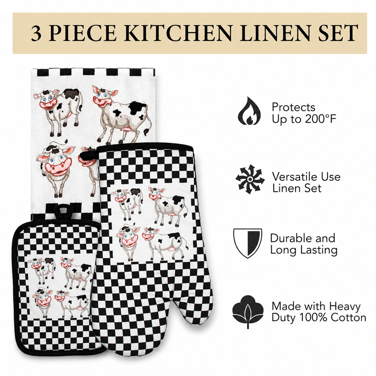 Laughing Cows Farmhouse Kitchen Gift Set - Oven Mitt, Pot Holder & Terry Towel