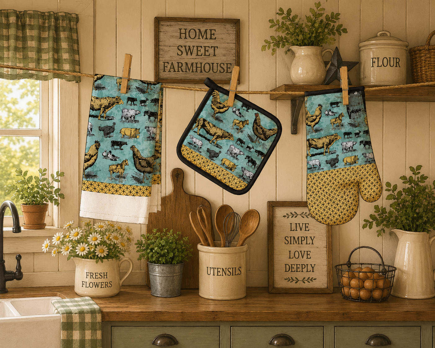 Vintage Farm Animals Kitchen Set - Oven Mitt, Pot Holder & Terry Towel