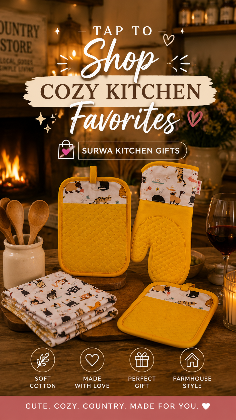Yellow Cat Lover Gift Set - Oven Mitt, Pot Holder & Tea Towel