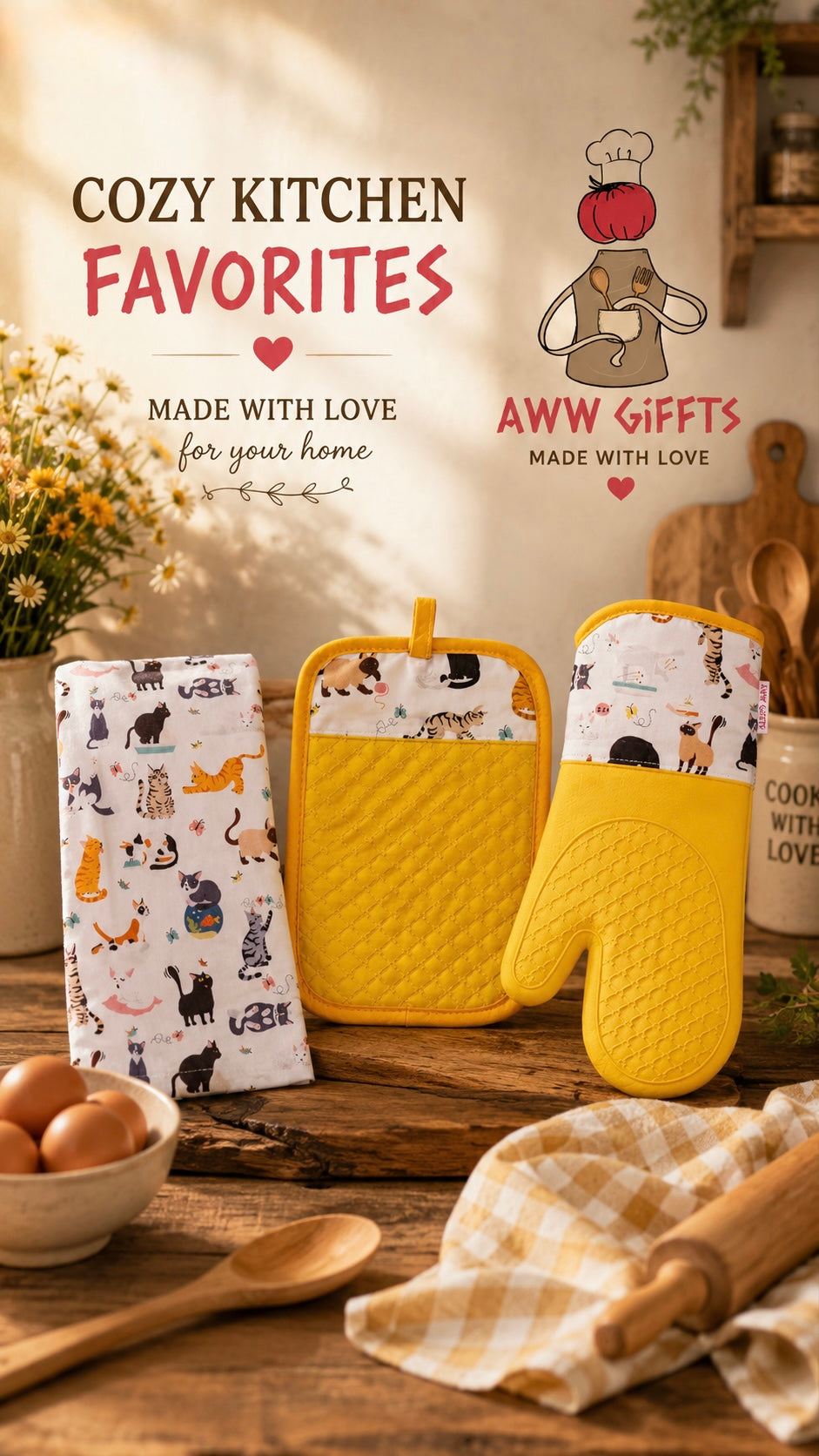 Yellow Cat Lover Gift Set - Oven Mitt, Pot Holder & Tea Towel
