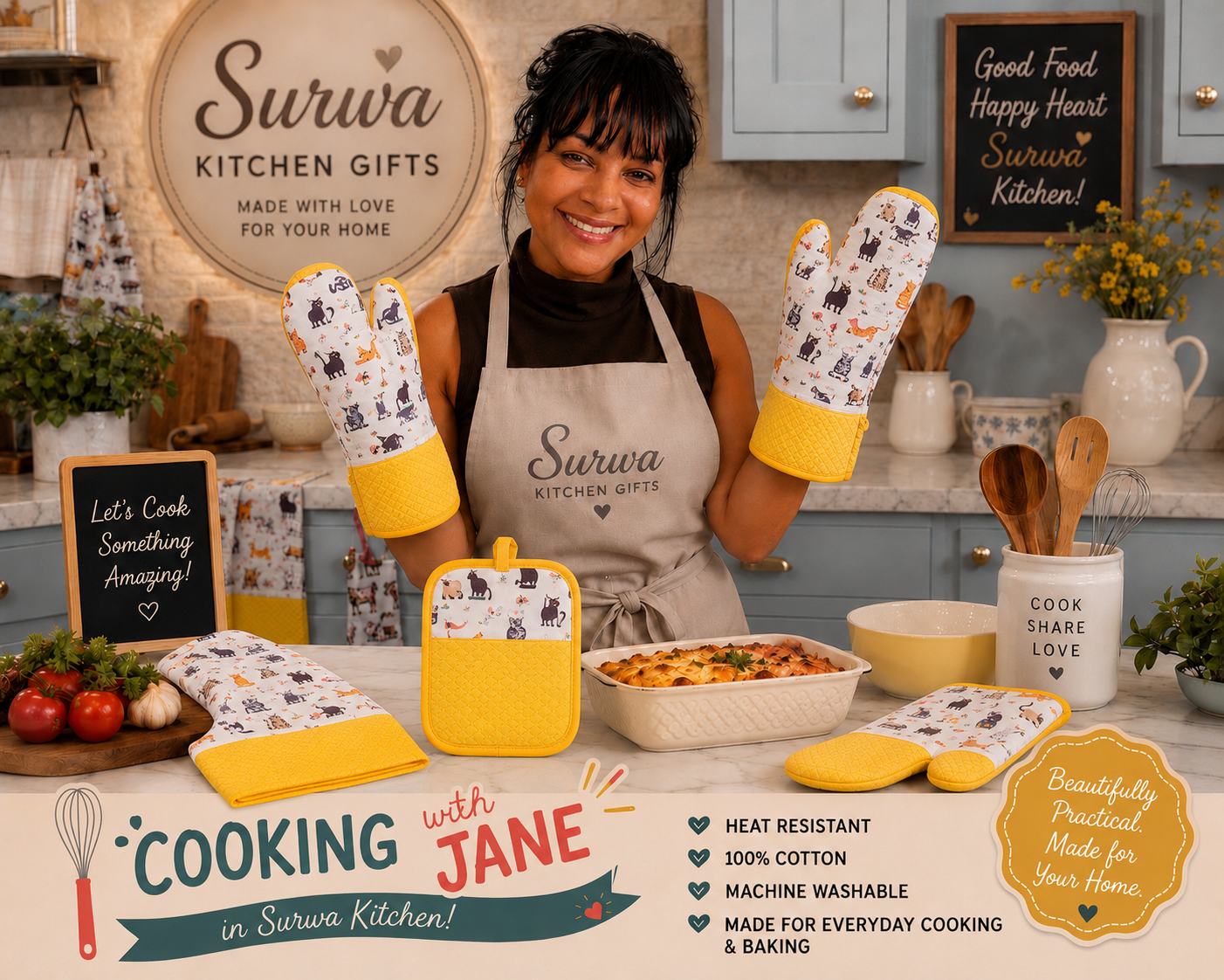 Yellow Cat Lover Gift Set - Oven Mitt, Pot Holder & Tea Towel