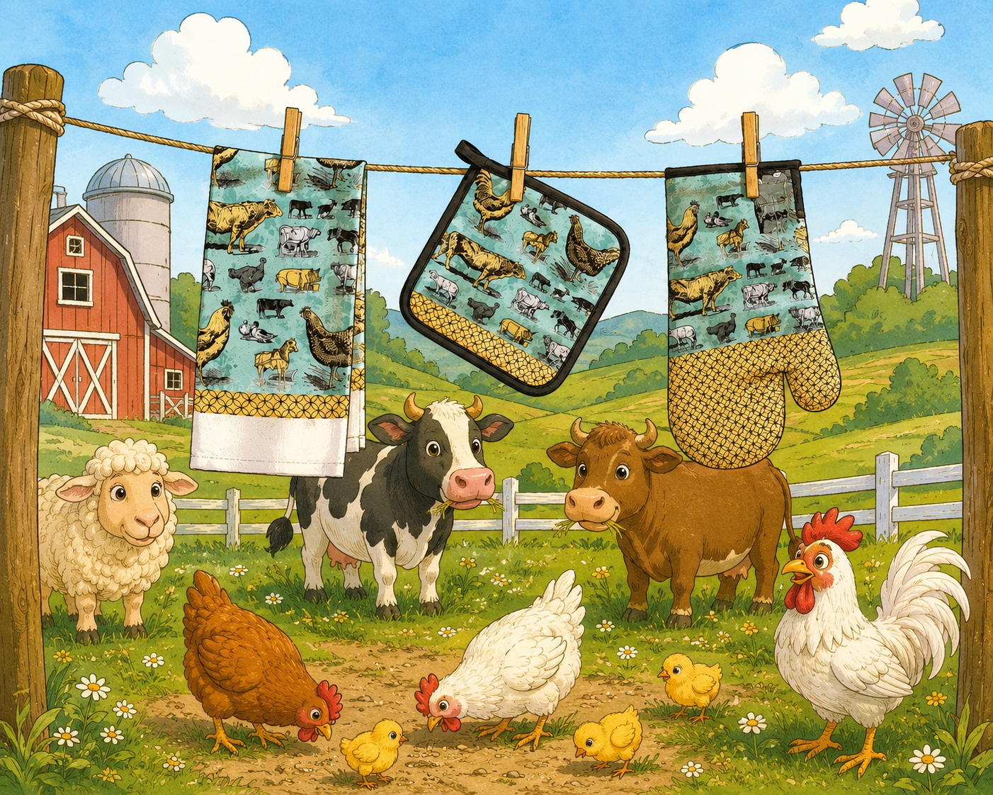 Vintage Farm Animals Kitchen Set - Oven Mitt, Pot Holder & Terry Towel