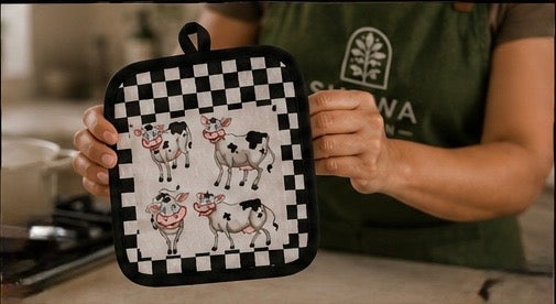 Laughing Cows Farmhouse Kitchen Gift Set - Oven Mitt, Pot Holder & Terry Towel