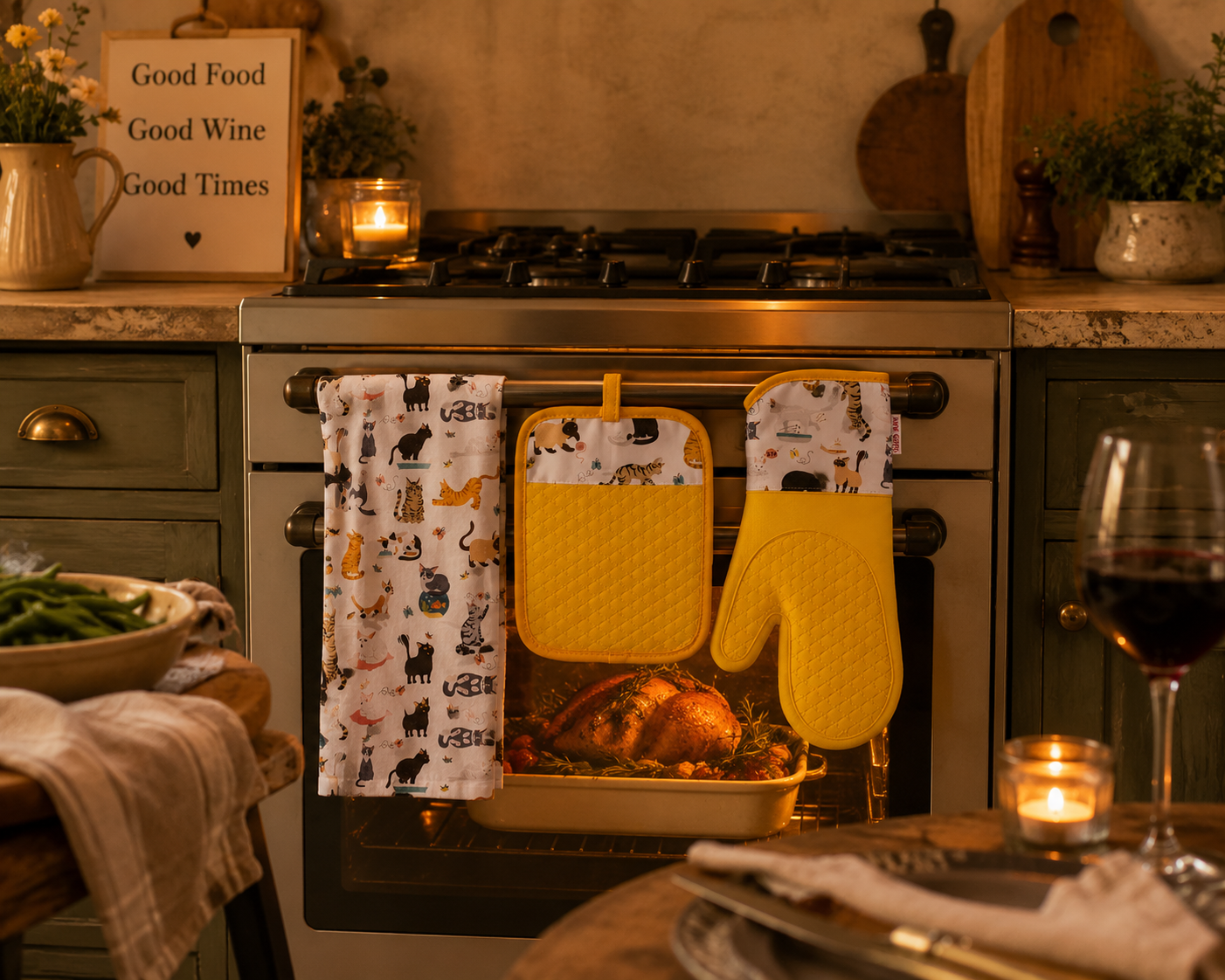 Yellow Cat Lover Gift Set - Oven Mitt, Pot Holder & Tea Towel