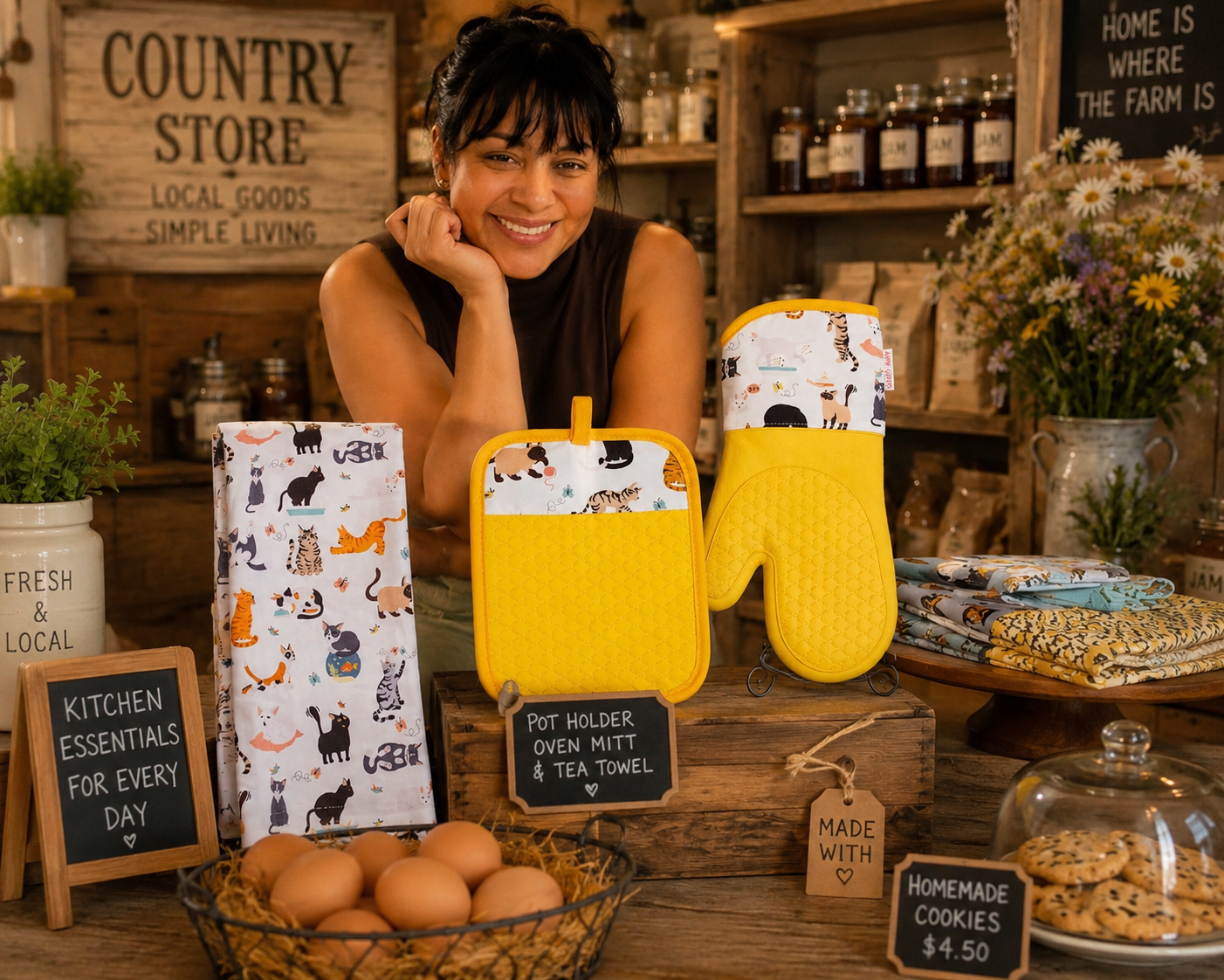 Yellow Cat Lover Gift Set - Oven Mitt, Pot Holder & Tea Towel
