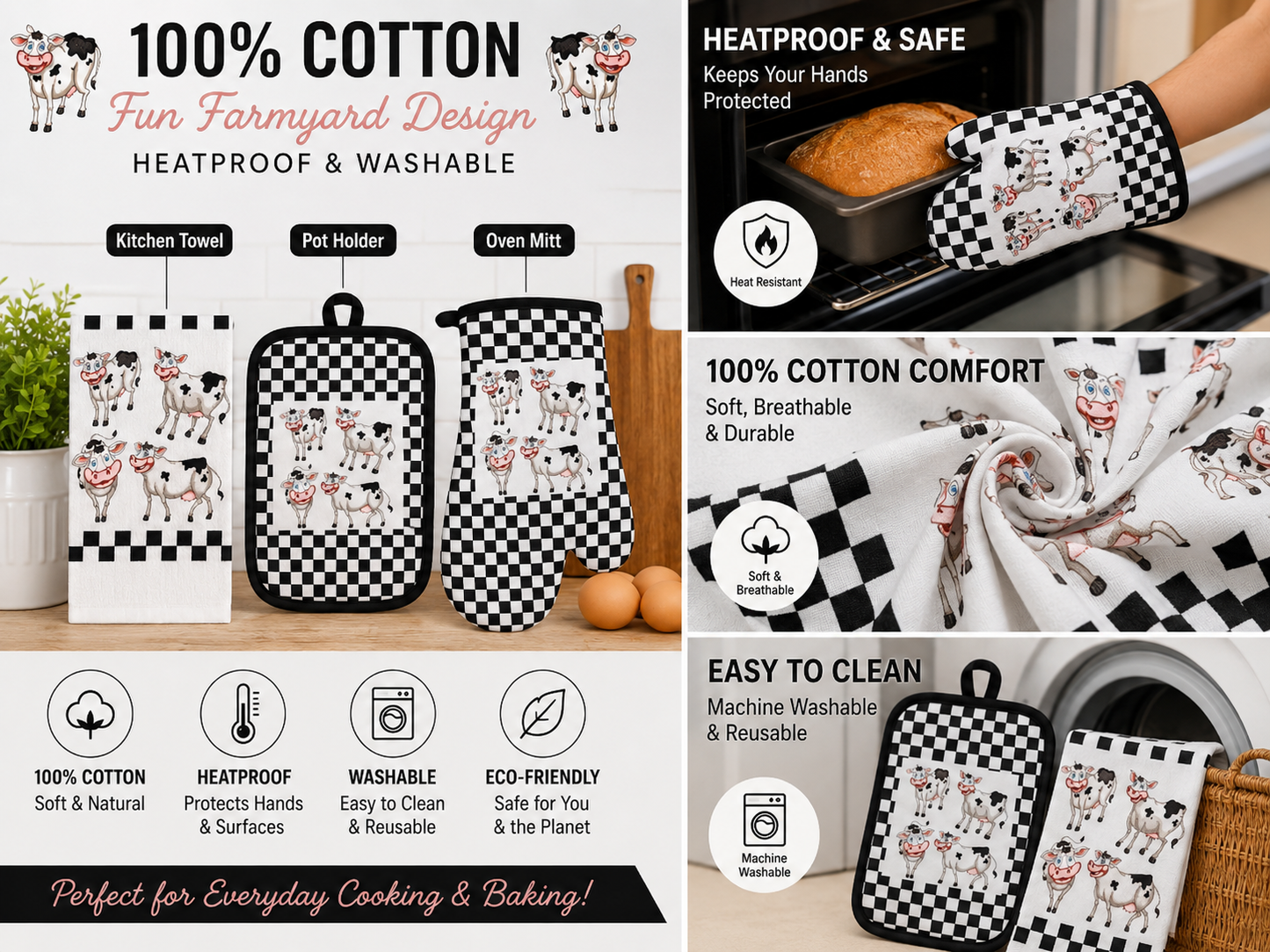 Laughing Cows Farmhouse Kitchen Gift Set - Oven Mitt, Pot Holder & Terry Towel