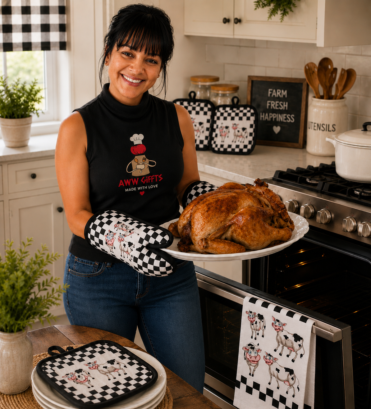 Laughing Cows Farmhouse Kitchen Gift Set - Oven Mitt, Pot Holder & Terry Towel