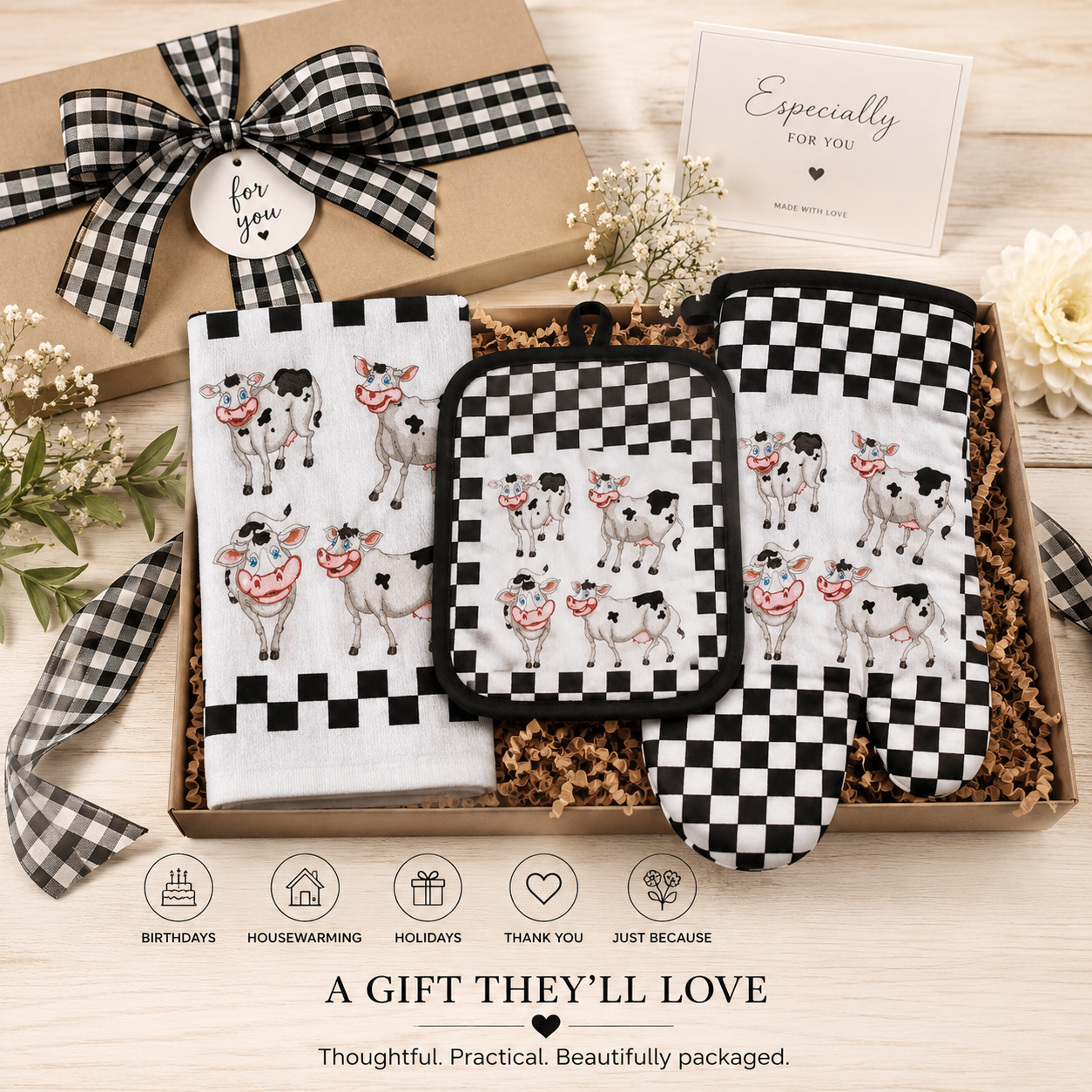 Laughing Cows Farmhouse Kitchen Gift Set - Oven Mitt, Pot Holder & Terry Towel
