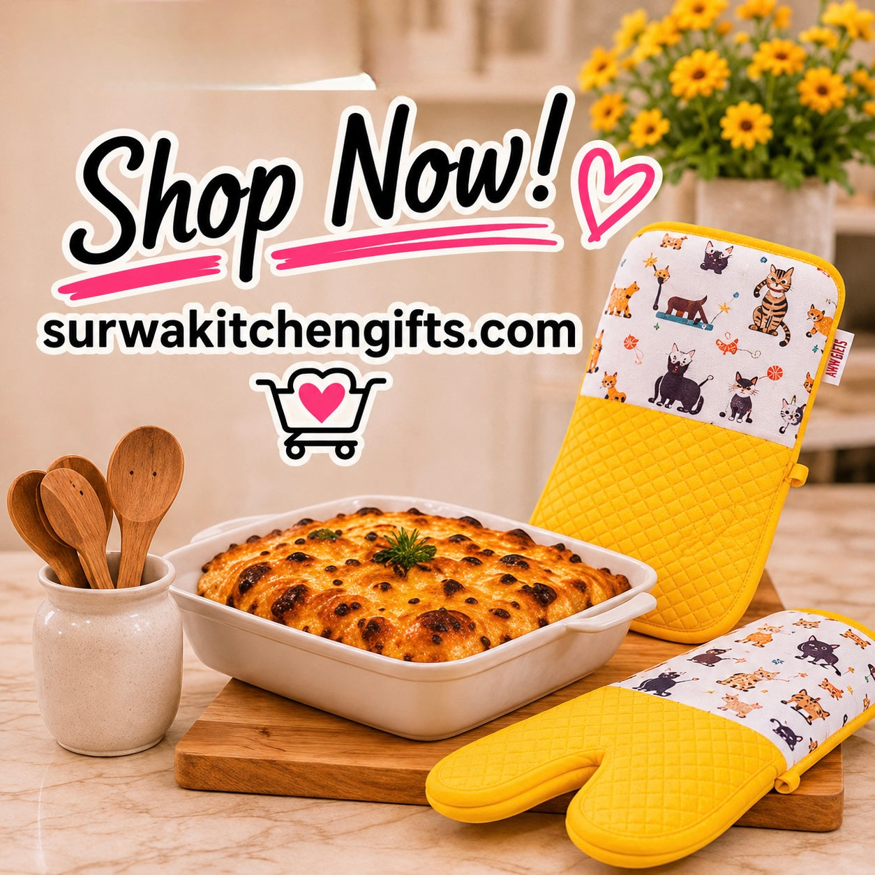 Yellow Cat Lover Gift Set - Oven Mitt, Pot Holder & Tea Towel