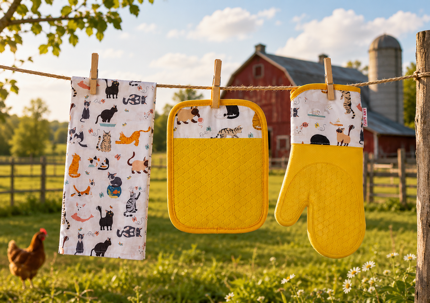 Yellow Cat Lover Gift Set - Oven Mitt, Pot Holder & Tea Towel