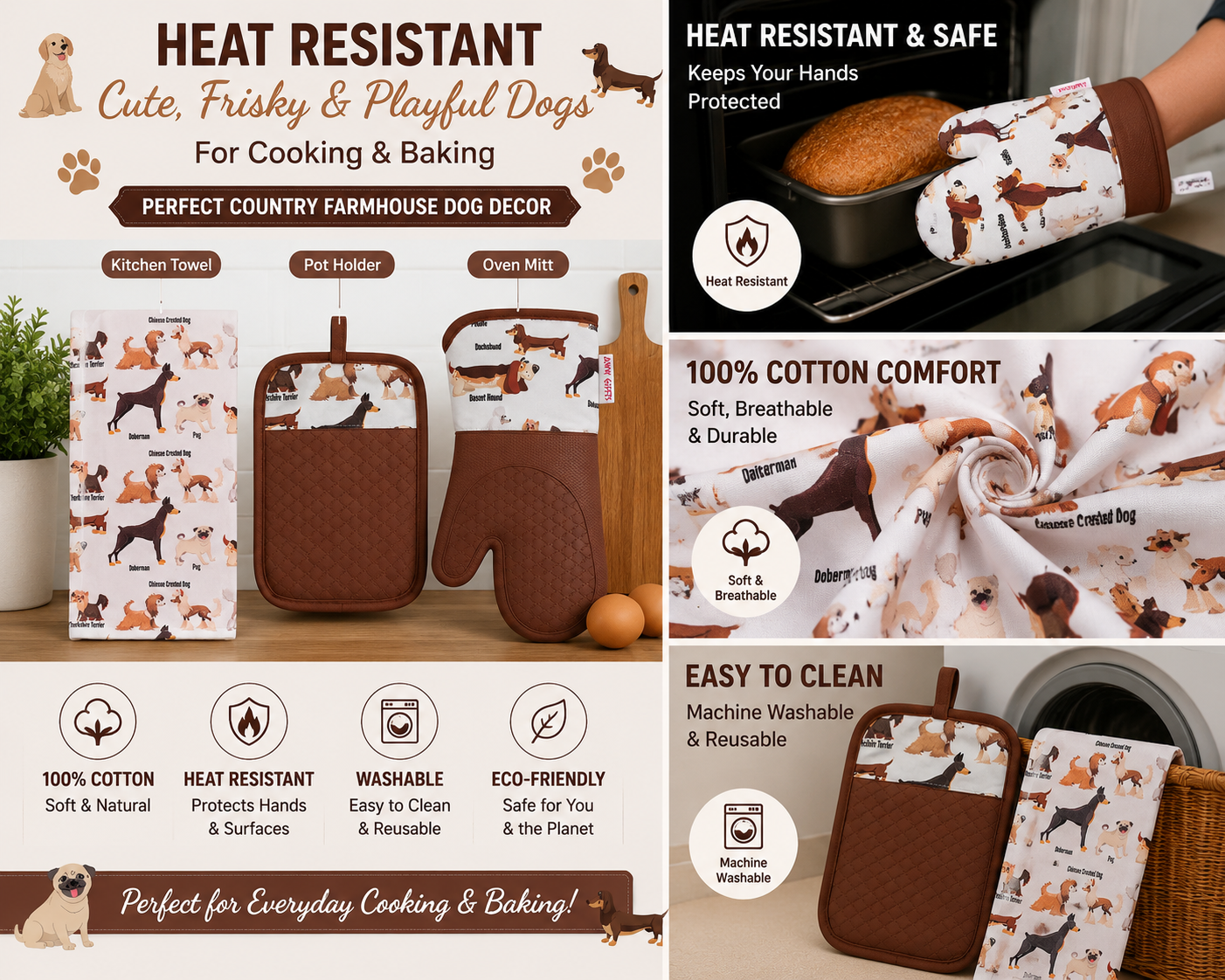 Brown Nose Dog Breeds Kitchen Gift Set - Oven Mitt, Pot Holder & Tea Towel