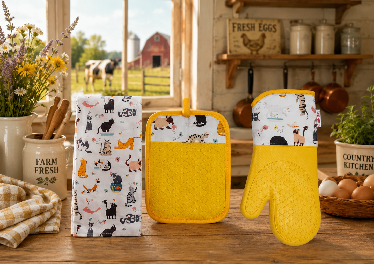 Yellow Cat Lover Gift Set - Oven Mitt, Pot Holder & Tea Towel