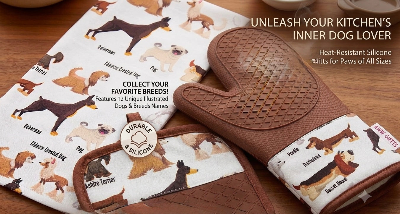 Brown Nose Dog Breeds Kitchen Gift Set - Oven Mitt, Pot Holder & Tea Towel