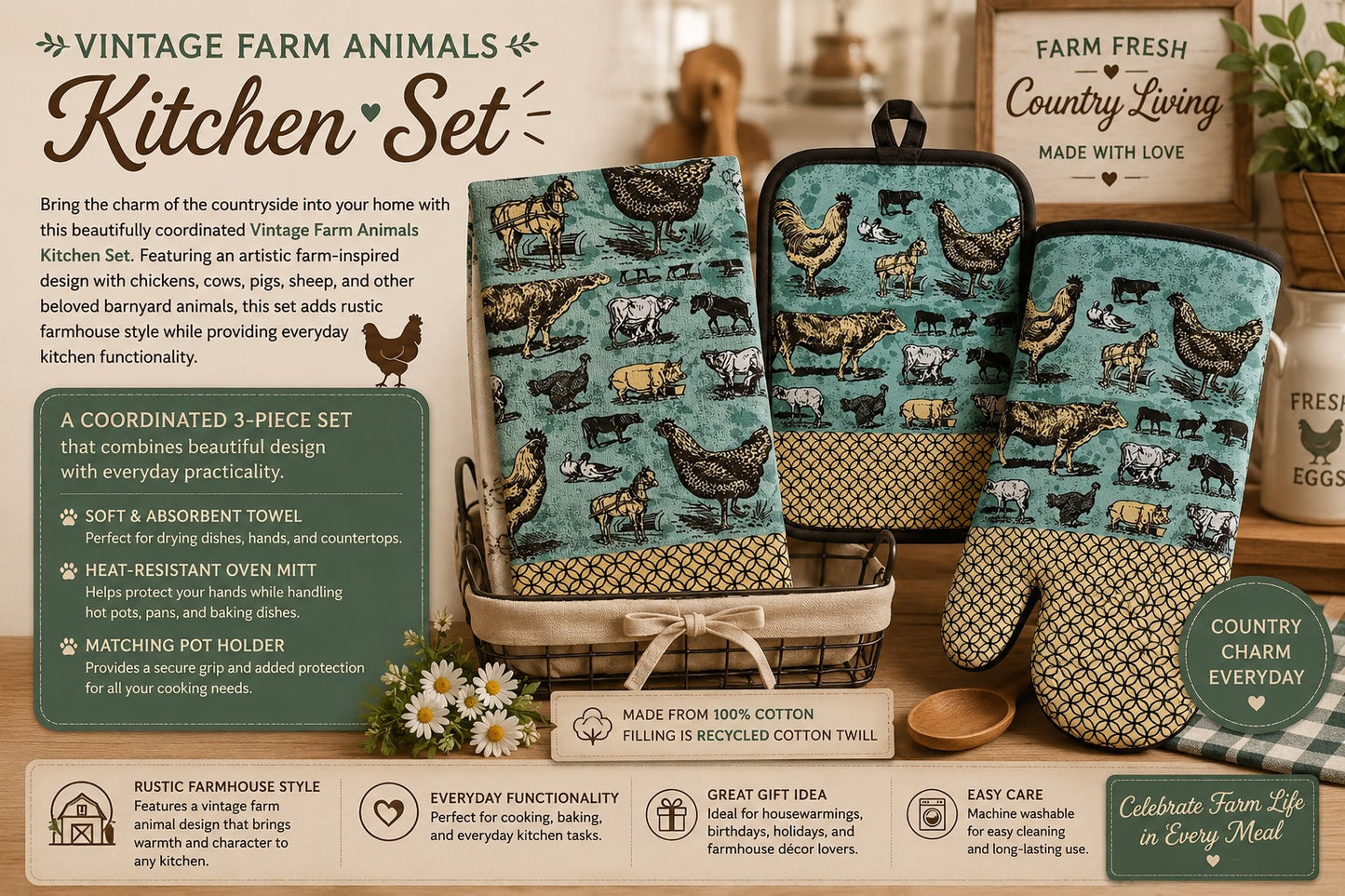 Vintage Farm Animals Kitchen Set - Oven Mitt, Pot Holder & Terry Towel