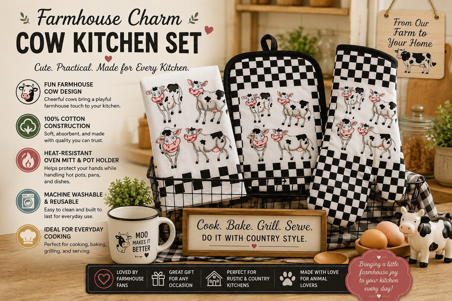 Laughing Cows Farmhouse Kitchen Gift Set - Oven Mitt, Pot Holder & Terry Towel