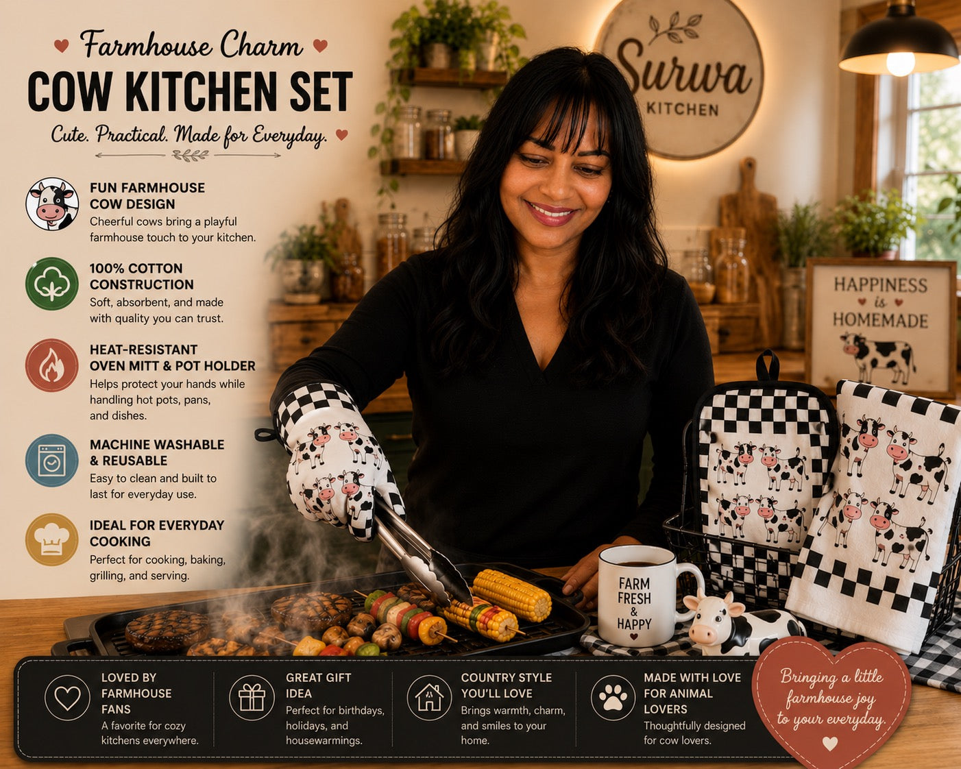 Laughing Cows Farmhouse Kitchen Gift Set - Oven Mitt, Pot Holder & Terry Towel