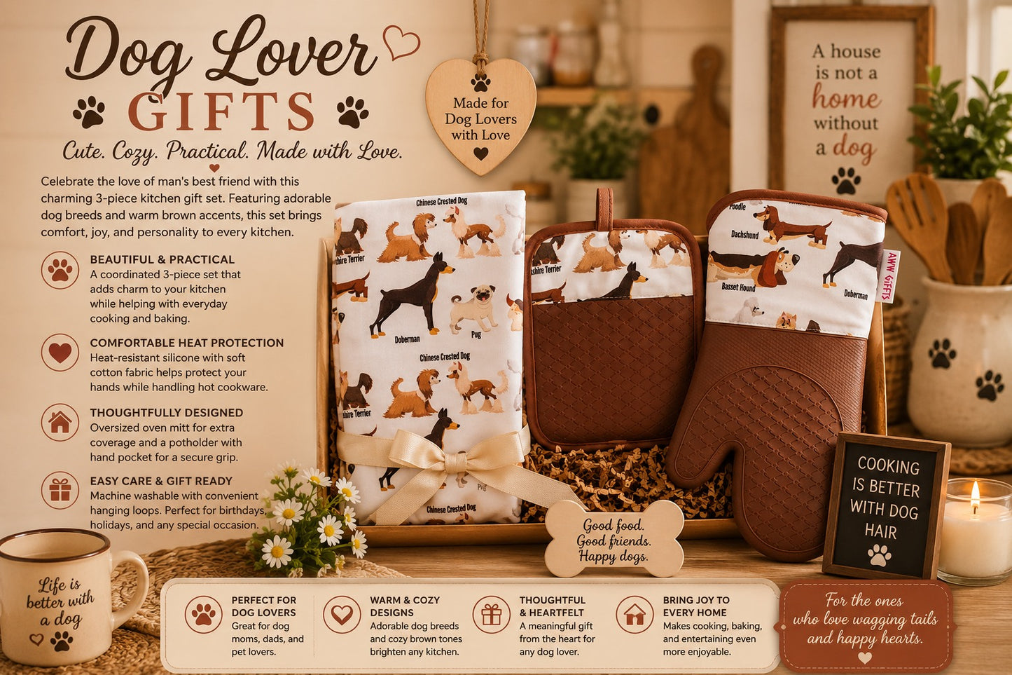 Brown Nose Dog Breeds Kitchen Gift Set - Oven Mitt, Pot Holder & Tea Towel