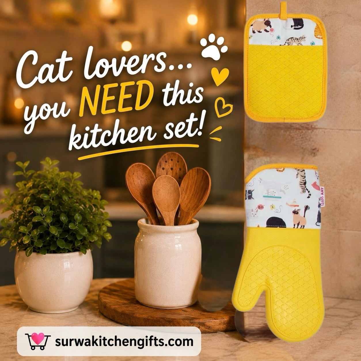 Yellow Cat Lover Gift Set - Oven Mitt, Pot Holder & Tea Towel