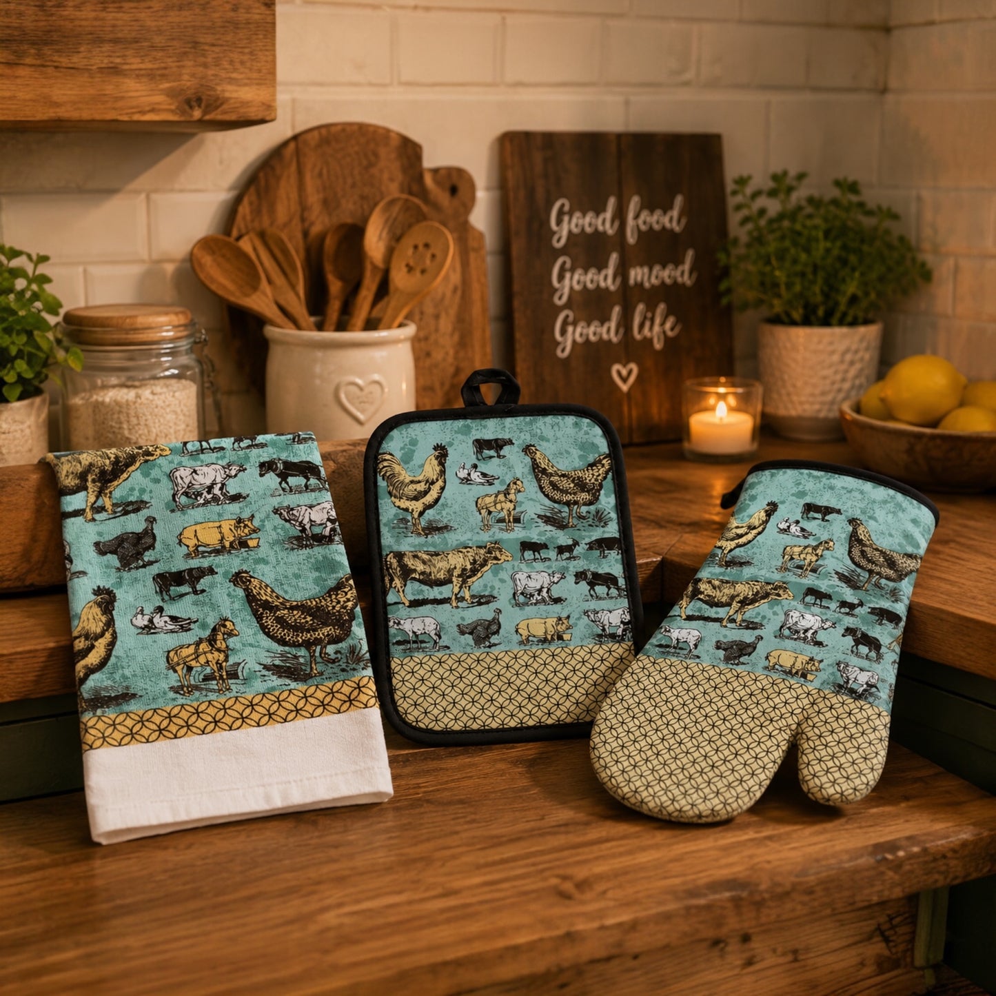 Vintage Farm Animals Kitchen Set - Oven Mitt, Pot Holder & Terry Towel