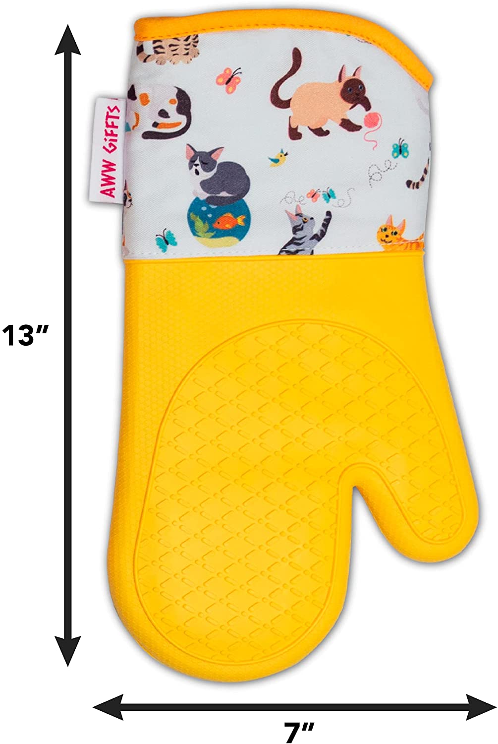 AWW GIFFTS Frisky Cats Eco-Friendly Ultra-Flex Kitchen 2-PC Oven Gloves/Mitt and Pot Holder Set | Cotton Twill/Silicone Cat Lover Pattern with Hanging Loop