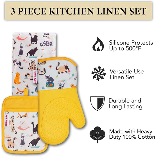 AWW GIFFTS Eco-Friendly Cat Lover - Mellow Yellow Color 3-PC Kitchen Gift Set | Silicone Grip Mitt & Pot Holder With Cotton Twill Tea Towel with Hanging Loops