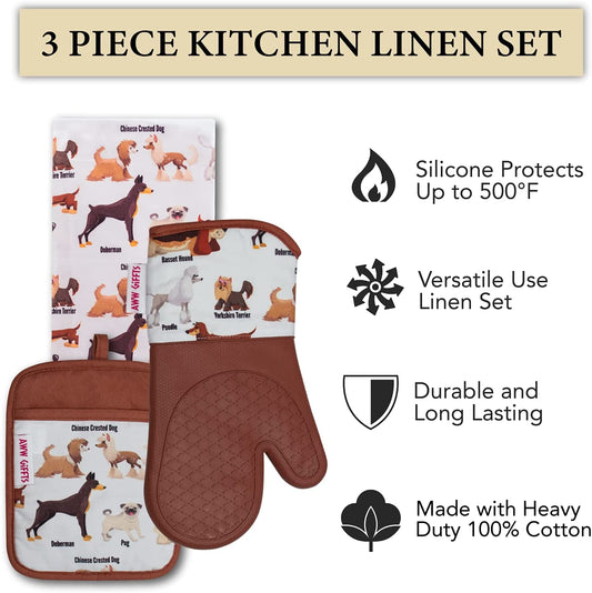 Brown Nose Dog Breeds Kitchen Gift Set - Oven Mitt, Pot Holder & Tea Towel