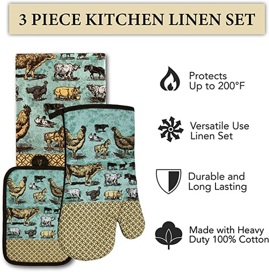 Vintage Farm Animals Kitchen Set - Oven Mitt, Pot Holder & Terry Towel