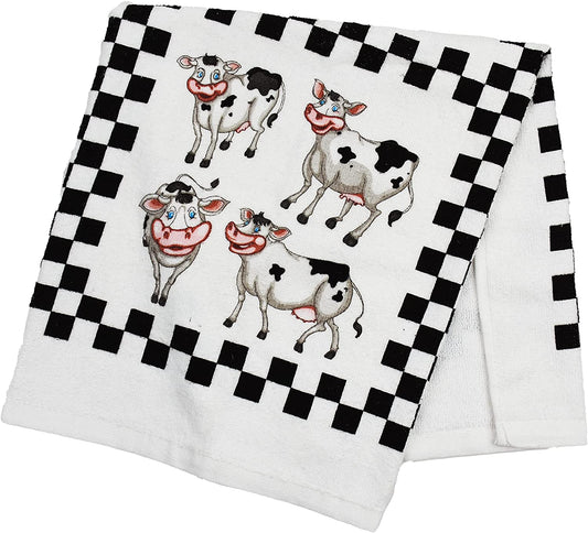 AWW GIFFTS Laughing Cow - Black/White Checkered Print - Farmhouse 3-PC Kitchen Set – 100% Cotton Kitchen Towel, Heat-Resistant Pot Holder & Oven Mitt | Country Farm Decor